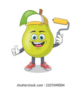 Ilustración de vectores de caricatura Cute Happy Pear Painter. Concepto de carácter mascota de frutas Vector premium aislado
