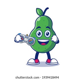 Cute Happy Pear Play Video Game Cartoon Vector Illustration. Fruit Mascot Character Concept Isolated Premium Vector