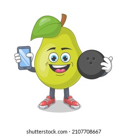 Cute Happy Pear Playing Bowling Cartoon Vector Illustration. Fruit Mascot Character Concept Isolated Premium Vector