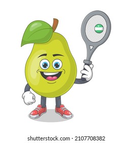 Cute Happy Pear Playing Tennis Cartoon Vector Illustration. Fruit Mascot Character Concept Isolated Premium Vector