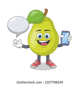Cute Happy Pear Con Speech Bubbles Cartoon Vector Ilustración. Concepto de carácter mascota de frutas Vector premium aislado