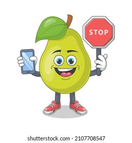 Cute Happy Pear With Stop Sign Cartoon Vector Illustration. Fruit Mascot Character Concept Isolated Premium Vector