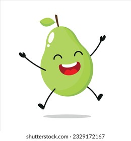 Cute happy pears character. Funny jump pears cartoon emoticon in flat style. Fruit emoji vector illustration