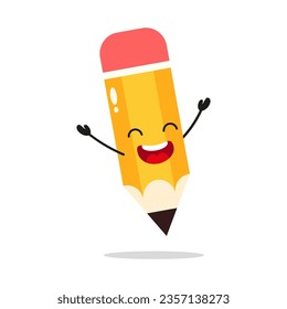 Cute happy pencil character. Funny victory jump celebration school equipment cartoon emoticon in flat style. herb vector illustration