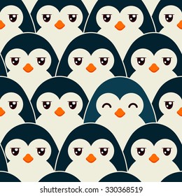 Cute Happy Penguin Among Surly Friends - Colorful Vector Pattern