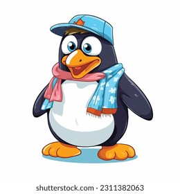 Cute happy penguin in blue hat, scarf and snowflake; vector illustration isolated on white.