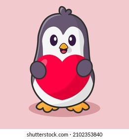 Cute happy penguin cartoon hold heart icon illustration