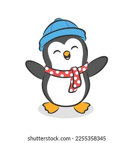 Cute happy penguin cartoon vector illustration. Isolated on white background. Penguin with winter clothes. Christmas