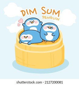 Cute happy penguin dim sum cartoon.Animals character design.Chinese food.China.Asian.Kawaii.Vector.Illustration.