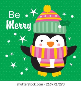 Cute Happy Penguin on Green background