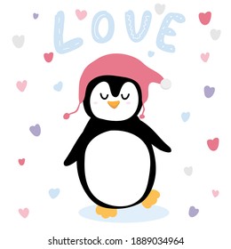 Cute happy penguin in pink knitted hat dancing under hearts rain. With LOVE word. Valentines day postacard. Vector illustration