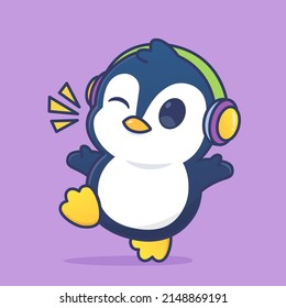 cute happy penguin wear headphone