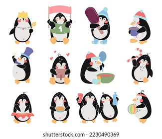 Cute happy penguins vector illustration set. Thirteen penguins with crown, magic wand, ball, ice cream, mug of tea, photo, plate of soup, lollipop, cake isolated on white background. Winter concept.