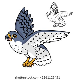 Cute Happy Peregrine Falcon Flying with Line Art Drawing, Animal Birds, Vector Character Illustration, Cartoon Mascot Logo in Isolated White Background