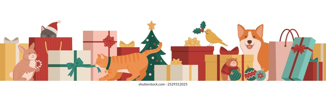 Cute happy pets, gifts and Christmas decorations: seamless border holiday vector with copy space