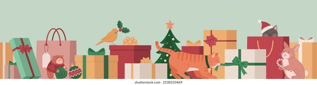 Cute happy pets, gifts and Christmas decorations: seamless border holiday vector with copy space