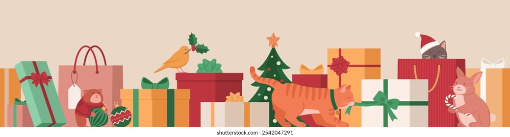 Cute happy pets, gifts and Christmas decorations: seamless border holiday vector with copy space