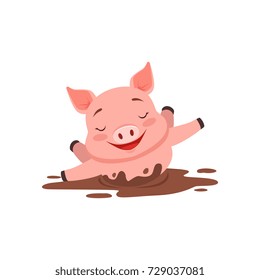 Cute happy pig bathing in a dirty pool, funny cartoon animal vector Illustration