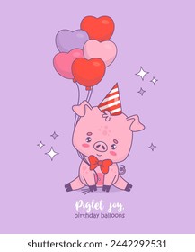 Cute happy pig in birthday cap with balloons. Vector illustration. Festive birthday card with funny cartoon animal character. Kids collection