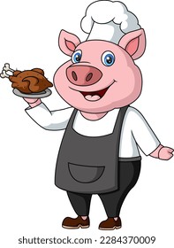 Cute happy pig chef cartoon on white background