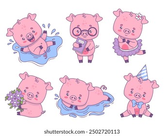 Cute happy pig collection. Smiling piggy splashing in puddle of water, with bouquet flowers, book, birthday boy in cap and ballerina girl. Isolated funny cartoon animal character. Vector illustration