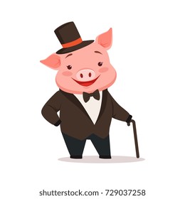 Cute happy pig dressed up in black tuxedo and hat standing with walking stick, funny cartoon animal dressed in human clothes vector Illustration