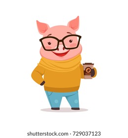 Cute happy pig dressed up in sweater and jeans standing with coffee cup, funny cartoon animal dressed in human clothes vector Illustration