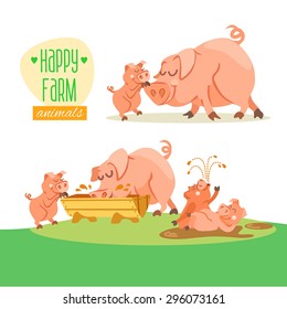 Cute happy pig family. Vector illustration