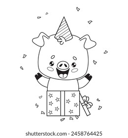 Cute happy pig in gift box wearing birthday cap. Festive outline cartoon animal. Line drawing, coloring book. Vector illustration. Kids collection.