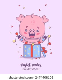 Cute happy pig in gift box with festive garland. Vector illustration. Holiday card with funny cartoon kawaii animal character with cool slogan. Kids collection