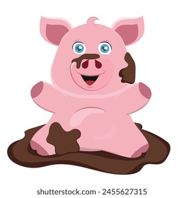 cute happy pig playing in the mud, vector illustration with white background.