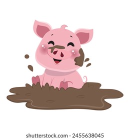 cute happy pig playing in the mud, vector illustration with white isolated background.