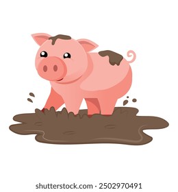 cute happy pig playing in the mud, vector illustration with white isolated background.