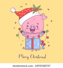 Cute happy pig in Santa hat in gift box with festive garland. Merry Christmas card. Vector illustration. Holiday funny cartoon kawaii animal character. Kids collection