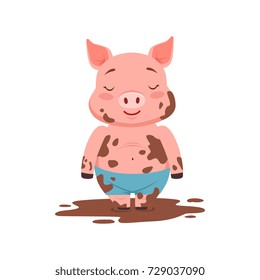 Cute happy pig standing in a dirty pool, funny cartoon animal vector Illustration