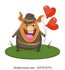 Cute happy pigs dressed in a black tuxedo and hat, funny cartoon animals dressed in human clothes vector illustration