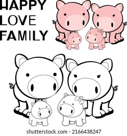 cute happy pigs family cartoon. to color illustration vector