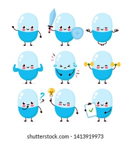 Cute happy pill character set collection. Vector flat cartoon illustration icon design. Isolated on white background. Pill character concept
