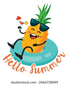 Cute and happy pineapple cartoon character. Fun character pineapple in Inflatable rubber swimming ring. Vector illustration for hello summer poster, birthday card, banner