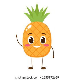 Cute happy pineapple character. Hello summer card. Funny Cartoon emoticon in flat style. Fruit emoji vector illustration