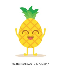 Cute Happy Pineapple Fruit Character. Vector Illustration Of Fruits Isolated On White Background.