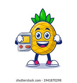 Frohes Ananas mit Gaming-Controller-Cartoon-Vektorgrafik. Obstmascot-Zeichenkonzept einzeln auf Premium-Vektorgrafik