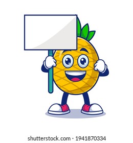 Cute Happy Pineapple Holding Blank Sign Cartoon Vector Ilustración. Concepto de carácter mascota de frutas Vector premium aislado
