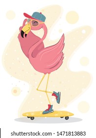 cute happy pink flamingo wear cap and sun glasses skateboarding, character flat vector element