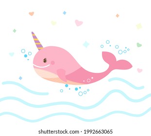 Cute happy pink narwhal. Vector children's illustration of a pink whale with a horn floating on the sea. Hearts and stars on white background.