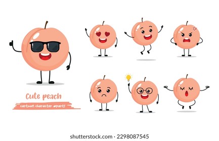 Cute happy pink peach fruit different emotion activity. Funny peach fruit  in flat style. Peach vector emoji cartoon illustration.