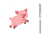 Cute Happy Pink Piglet Jumping and Flying Vector Illustration