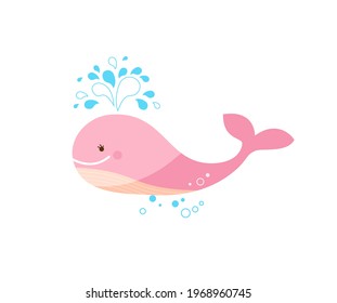 Una alegre ballena rosa. Ilustración vectorial de una ballena rosa liberando una fuente de agua. Aislado sobre un fondo blanco.