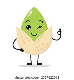 Cute happy pistachio character. Funny smiling and wink fruit cartoon emoticon in flat style. pistachio emoji vector illustration