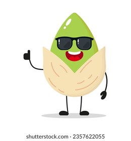 Cute happy pistachio character wear sunglasses. Funny nut greet friend cartoon emoticon in flat style. pistachio emoji vector illustration